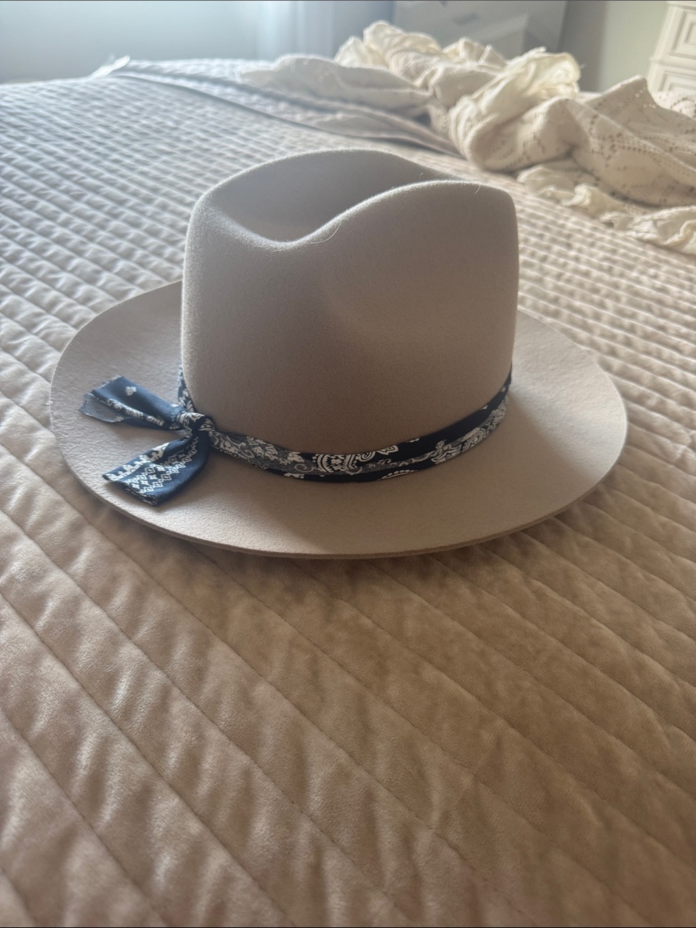 Free People by Mossant Beige Felt Fedora with Navy Band